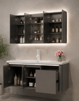 Meuble-lavabo mural moderne résistant à l'eau en bois massif avec vasque simple et fermeture douce, finition poudrée