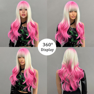 Perruque synthétique longue et volumineuse à franges dégradées, résistante à la chaleur, pour cosplay, dégradé beige rose, style Europe-Amérique, fabriquée à la machine - Product Image 2