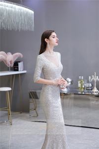 Ruolai 26454 Elegante <span class=keywords><strong>Abito</strong></span> da Sera a Sirena con Ricche Applicazioni di Perline e Paillettes, Lussuoso Vestito da Cerimonia <span class=keywords><strong>Lungo</strong></span> con <span class=keywords><strong>Mezze</strong></span> <span class=keywords><strong>Maniche</strong></span> Brillanti - Product Image 2