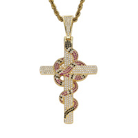 Collier Serpent Croix Iced Out Micro Pavé CZ Violet Pendentif Hip Hop Plaqué Or 18K Chaîne Corde en Acier Inoxydable Bijoux Rapper OEM