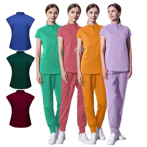 Short Sleeve Mandarin-neck Polyester Rayon Spandex TRS Women Doctor Uniforms Medical Nursing Scrubs Uniform Clinic Scrub Sets