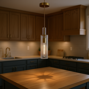 Lustre moderne en fer doré avec abat-jour en verre rayé transparent, pour îlot de cuisine, salle à manger, style farmhouse, E26 LED 2700K - Product Image 2