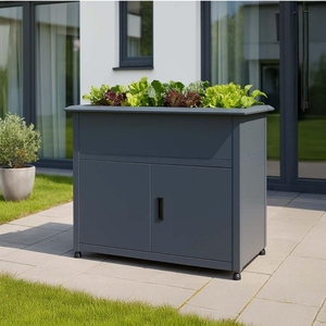 Armoire de rangement extérieure en métal surélevée avec jardinière intégrée, moderne, 2 portes, pour outils, en acier galvanisé - Product Image 3