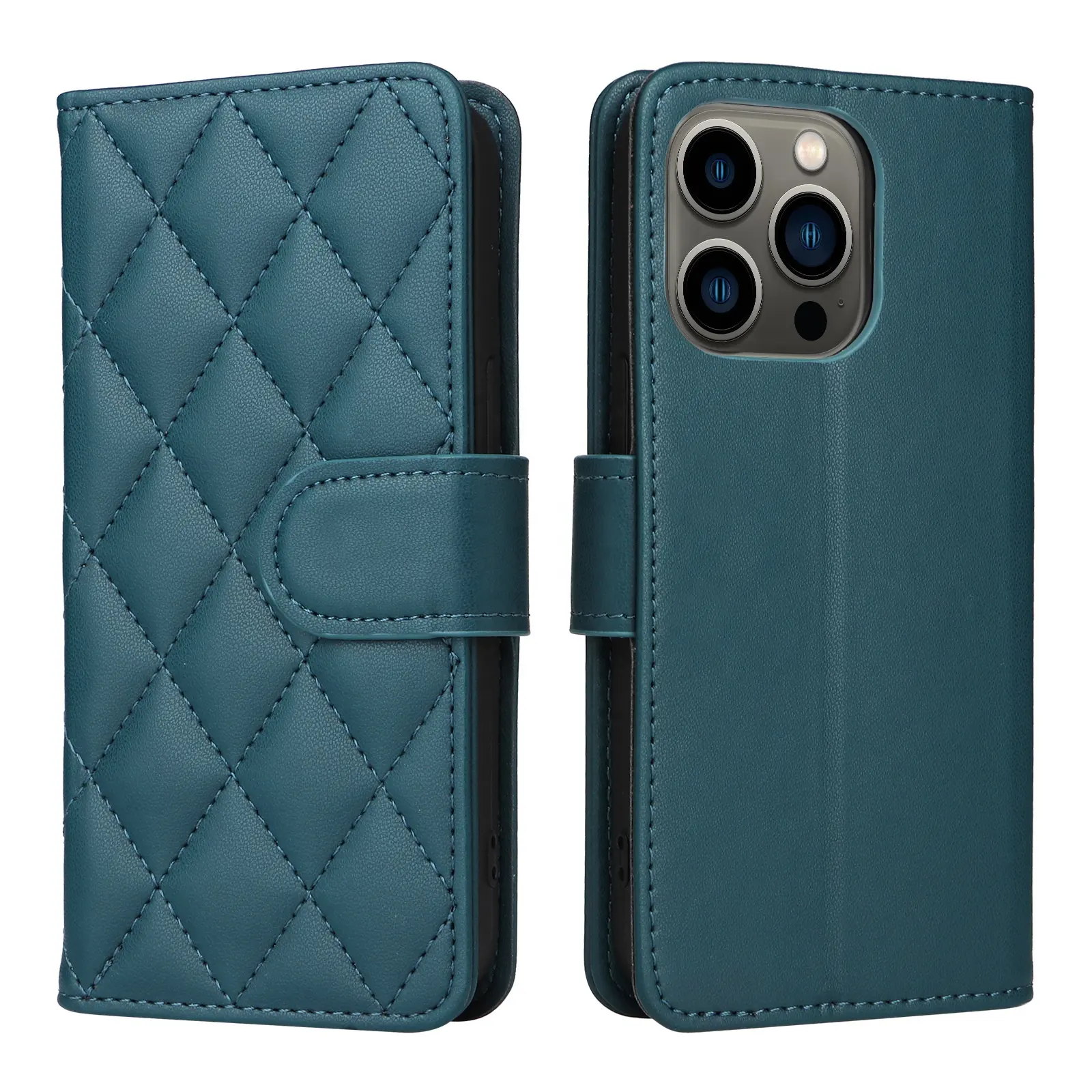 quilting Leather Folio Phone Case Flip Cover for iPhone 15, 15 Plus with RFID Blocking card Holder