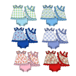 Précommande MOQ 5 Trendyism Boutique Ensemble d'été à volants pour filles motif fleurs, Vêtements pour enfants en Spandex doux/Coton biologique, Vente en gros - Product Image 1