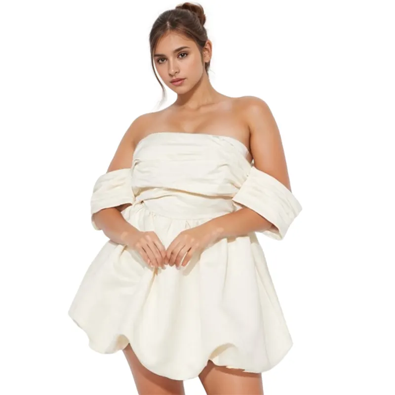 Gaun pesta malam simpel elegan klub seksi putih kustom gaun Mini Bodycon bahu terbuka Satin wanita
