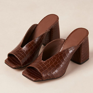Ciabatte con tacco taglie forti marrone V taglio Vamp aperta punta quadrata grosso tacco Slide Mules <span class=keywords><strong>scarpe</strong></span> donna - Product Image 1