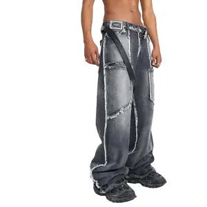 2024 Grey Custom Baggy Jeans Highstreet Style Wash Straight Jeans Raw Hem Design Baggy Jeans Men