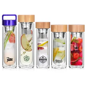 Manufacturers 450ML Double Walled Borosilicate Glass Fruit Tea Infuser Drinking Water Bottles with Bamboo Lid