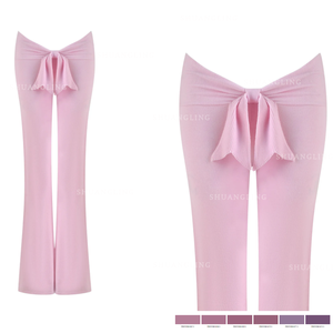 Kadın Giyim Özel Logo Yoga Takımı Pamuklu Uzun Boylu Kadınlar İçin Uygun Kemerli Fiyonk Tasarımlı Kısa Kollu İspanyol Paça Pantolon Ev Giysisi 2 Parça Takım - Product Image 2