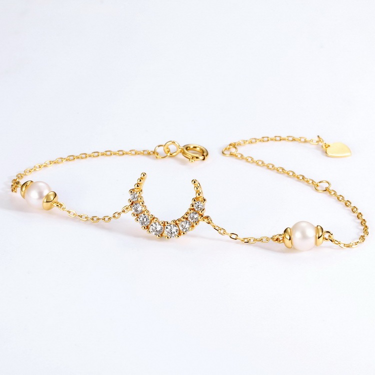 Cz encanto de diamante joyería de las señora cadena ajustable pulsera de perlas de agua dulce de media luna Luna encanto pulsera