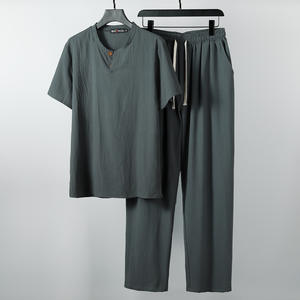 Sommer Herren Leinen T-Shirt Kurzarm Shorts Set Solid Herren T-Shirt Zweiteiler Set Freizeit kleidung Herren Shirt und Short Set - Product Image 5