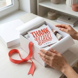 Biglietti di ringraziamento tipografici editoriali personalizzati con logo, colore rosso corallo, moderni, OEM ODM, biglietti di auguri aziendali all'ingrosso - Product Image 4