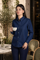 Chemise en jean indigo foncé pour femme, coupe ajustée, manches longues, chemisier en jean vintage bleu marine, haut boutonné décontracté