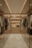 Dressing de luxe autoportant avec cadre doré, éclairage LED, armoire en bois sur mesure en forme de L, îlot central pour hôtel et école