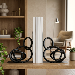AK Brass Black Round Rings Metal <b>Bookends</b> Set Of 2 Unique Decorative Book Ends for Home Office Library Shelf Decor - Product Image 1