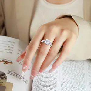 Cincin zirkon potongan bulat berlapis Rhodium perak murni 925 mewah perhiasan berkilau pernikahan cincin berlian Anillo De Muje