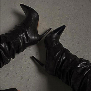 Snakeskin Shoes Women <b>Boots</b> Stiletto Heel Black Knee High <b>Boots</b> Casual Style Lady's Sexy High Heel <b>Boots</b> Pleated Shaft Size 43 - Product Image 3