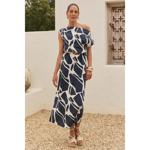 <span class=keywords><strong>Robe</strong></span> <span class=keywords><strong>midi</strong></span> asymétrique à épaules tombantes à imprimés géométriques bleu marine, col bénitier, fentes, poches, respirante, à volants, avec ceinture, en <span class=keywords><strong>lin</strong></span> - Product Image 3