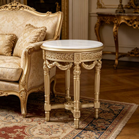 Table d'appoint console française en bois massif antique, sculptée à la main, avec plateau en marbre naturel de luxe, table d'appoint ronde rustique