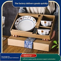 Service de table en céramique de style japonais rétro de luxe léger avec motif végétal, comprenant bol, baguettes et assiette – Compatible micro-ondes, finition émaillée, coffret cadeau