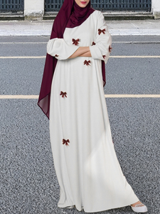 Robe abaya modeste et modeste pour femmes avec décor de nœud Manches évasées Coupe ample Taille unique Polyester Inspiré par le Moyen-Orient Robe de Dubaï - Product Image 4