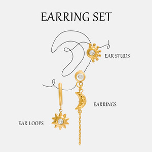 Boucles d'oreilles plaquées or, silencieuses et élégantes, avec pampilles en zircon soleil et lune, ensemble de bijoux pour femmes, 3 pièces - Product Image 3