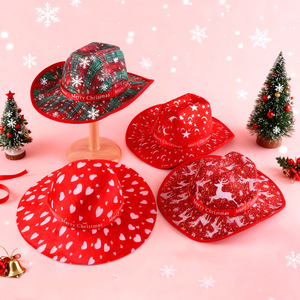 Chapeaux de cowboy de Noël à large bord en polyester M56-58cm, imprimé Joyeux Noël, pour fête et festival, chapeau décoratif - Product Image 1