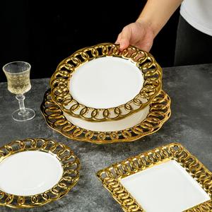 Assiettes de présentation en porcelaine carrées creuses à bord doré de luxe écologiques Vaisselle avec logo personnalisé <span class=keywords><strong>Assiette</strong></span> en céramique pour mariages - Product Image 1