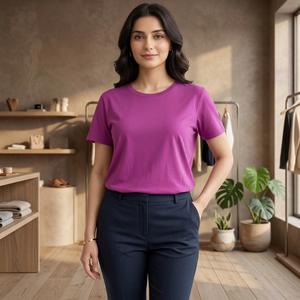 T-shirt à col rond et manches courtes pour femme, coupe classique, couleur unie, jersey décontracté, tricoté en polyester/coton, respirant, toutes saisons - Product Image 2