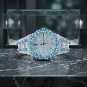 Luxury Simple Antique Quartz Fashion Iced White Blue Diamond Stainless Steel Watch for Men Silver Moissanite Full Pave Blue - Product Image 3