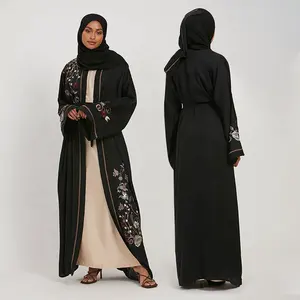 Country blossom floral embroidered open abaya dubai luxury elegant classic black open abaya design