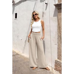 Pantalon large pour femme, taille haute, avec poches, décontracté, respirant, en tissu tricoté - Product Image 5