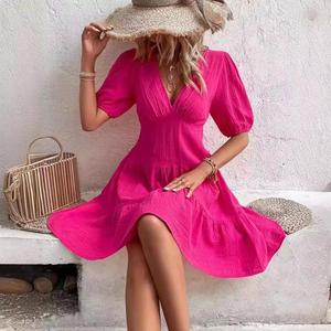 Robe d'été décontractée à manches courtes pour femme, col en V profond, couleur rouge <span class=keywords><strong>rose</strong></span> unie, élégante - Product Image 2