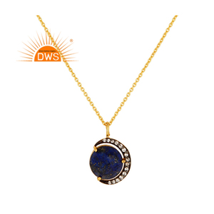 CZ Lapis Lazuli Gemstone Pendant Moon Designer Gold Plated Silver Chain Pendant Necklace Manufacturer Jewelry - Product Image 1
