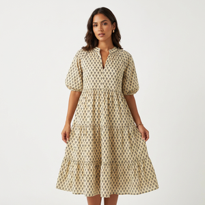 Vêtements pour femmes, robe midi décontractée Himanshi pour femmes, 100% coton pur, coupe évasée, manches bouffantes, imprimé floral numérique - Product Image 6