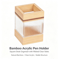 Porte-stylos carré en bambou, gobelet à stylos en acrylique transparent côtelé, organiseur de bureau en bambou naturel pour stylos, crayons et papeterie