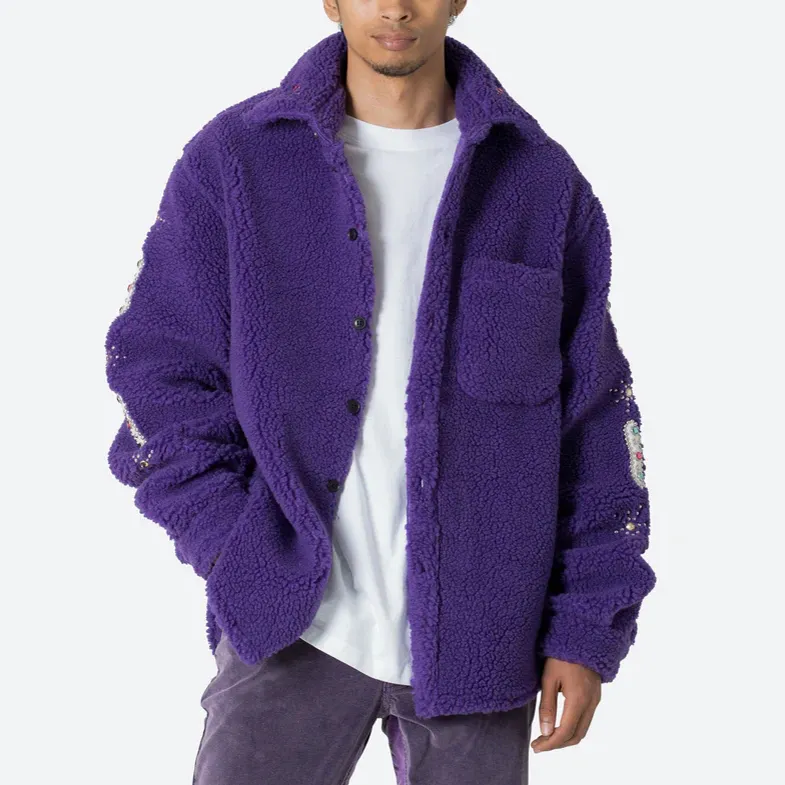 OEM कस्टम थोक उच्च गुणवत्ता हैवीवेट प्रिंट स्फटिक गहना शेरपा ऊन पुरुषों के लिए बड़े आकार की जैकेट