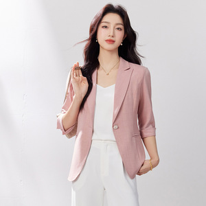 Women's Blazer Apricot Solid Color Three Quarter Sleeve Slim Fit Spring Summer 2026 Pocket Design Versatile Suit Jacket - Product Image 2