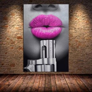 Affiche d'art mural avec <span class=keywords><strong>citation</strong></span> <span class=keywords><strong>sur</strong></span> les lèvres rouges et un pistolet, <span class=keywords><strong>peinture</strong></span> à l'huile <span class=keywords><strong>sur</strong></span> toile, idée de décoration créative pour le salon, le bar, Cuadros - Product Image 2