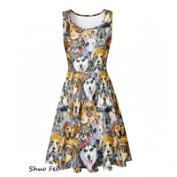 Robe d'été sans manches pour femme, coupe patineuse évasée, imprimé numérique visage de chien amusant, motif animalier original, mini-robe de fête estivale