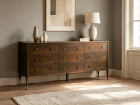 Commode FERLY de style provincial français à 9 tiroirs, finition bois, accents en laiton antique, meubles de rangement pour chambre à coucher