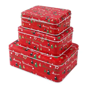علبة قصدير كبيرة متوسطة من 3 في الأعياد مستقيمة على الطراز العتيق لعيد الميلاد ، مع غطاء لإعطاء الهدايا