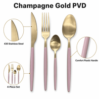 Ensemble de couverts en acier inoxydable 430 pour plaqué or PVD, 4 pièces, finition miroir, couteau, fourchette et cuillère à dîner avec manche en plastique, pour mariage