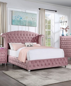 Modern Adjustable Convertible Pink Velvet Upholstered 1pc <b>Queen</b> <b>Size</b> <b>Bed</b> Wingback Design Bedroom Furniture - Product Image 5