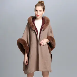 Poncho feminino com gola de pele de coelho, casaco com capuz e dois lados, jaqueta xale, outono e inverno 2022
