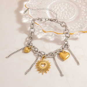 Stainless Steel <b>Bracelet</b> With Gold Silver Heart Charms Electroplated 18K For Gift Unisex Jewelry - Product Image 1