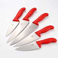 Ensemble de couteaux de cuisine en acier inoxydable avec logo personnalisé Tc, manches en plastique rouge, ensemble de couteaux Santoku, couteau de chef, couteau utilitaire