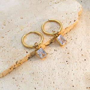 Golden Colored White Zircon Hoop Earrings With Rectangular Charm Bezel Setting Everyday Wear Geometric Design Stainless Steel - Product Image 1