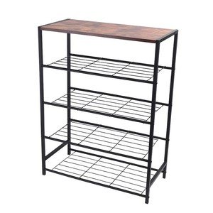 4-Tier <strong>Shoe</strong> <strong>Rack</strong>, Industrial Metal <strong>Shoe</strong> Shelf with Wooden Top, Holds 9-12 Pairs, <strong>Rustic</strong> Brown - Product Image 1